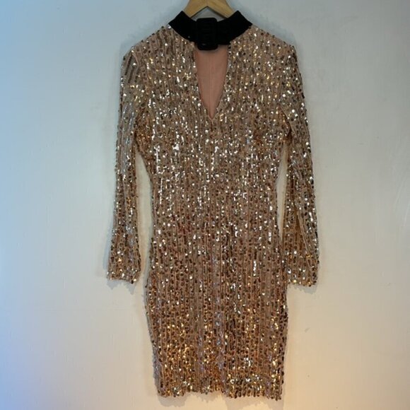Rose gold sequins mini dress with black velvet buckle collar size medium - Picture 11 of 11